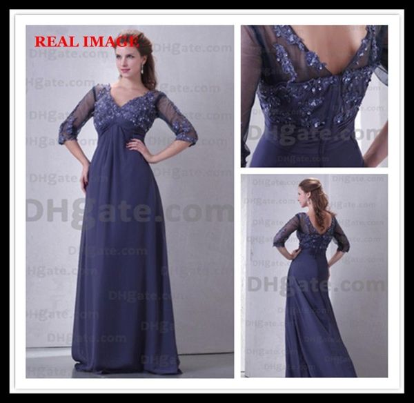 2015 Azul Royal Chiffon Prom Vestidos Plissados Apliques Até O Chão Manga Três Quartos BY034 Dhyz 015571347