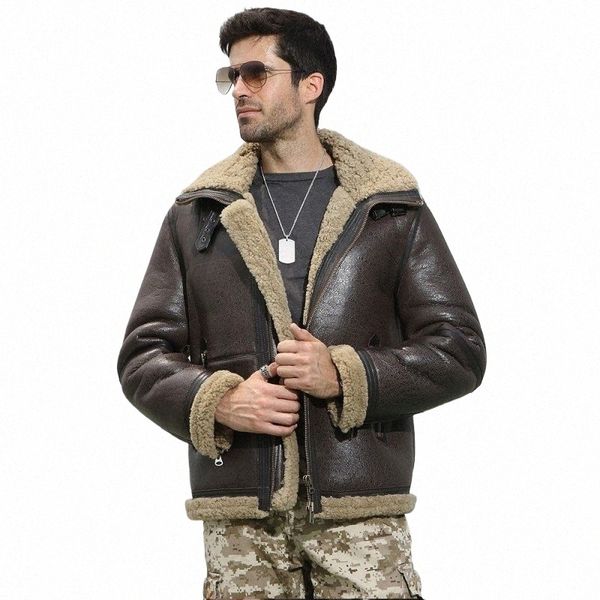 inverno uomo caldo spesso fodera in vera pelliccia giacca di lusso aviatore giacca in vera pelle uomo militare naturale montone shearling soprabito b03F #