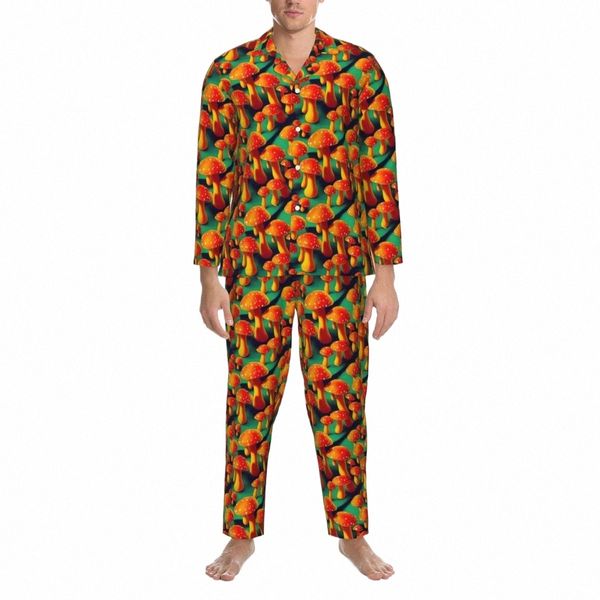 Magic Mushroom Pigiama Uomo Trippy Orange Mushrooms Kawaii Daily Sleepwear Autunno 2 pezzi Vintage Oversize Design Pigiama Set d1BH #