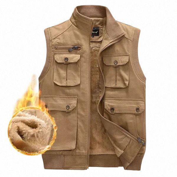 2024 Gilet in pile da uomo Tattico militare Multi tasche Viaggio Sleevel Top Jacket Abbigliamento da lavoro maschile Gilet invernale caldo Nero 43pm #