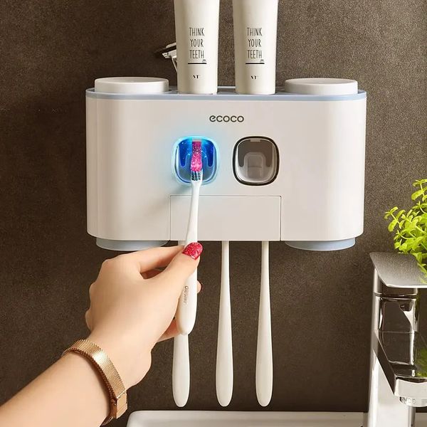 Banyo Aksesuarları Seti Otomatik Duvar Montajı Diş Macunu Squeezer Dispenser Diş fırçası Tutucu 4 adet fincan toptan satış 240320