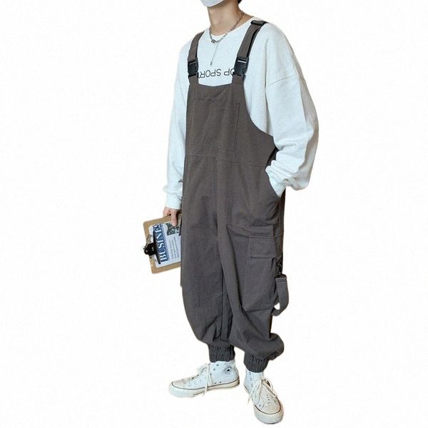 Hosenträger Overall Hosen Männer Sommer Overalls Japanische Lose Träger Casual Taschen Unisex Oversize Streetwear Solide Mann Kleidung n1Ay #