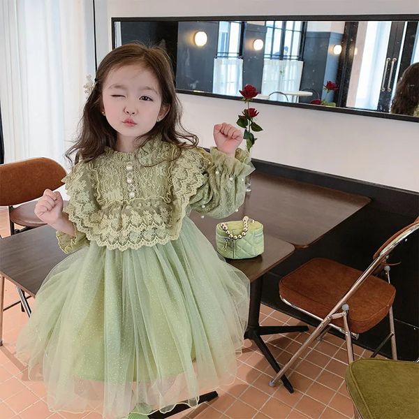 Menina vestido infantil bebê festa de aniversário casamento princesa batismo pérolas manga longa crianças roupas noite tule tutu vestidos de renda 240325