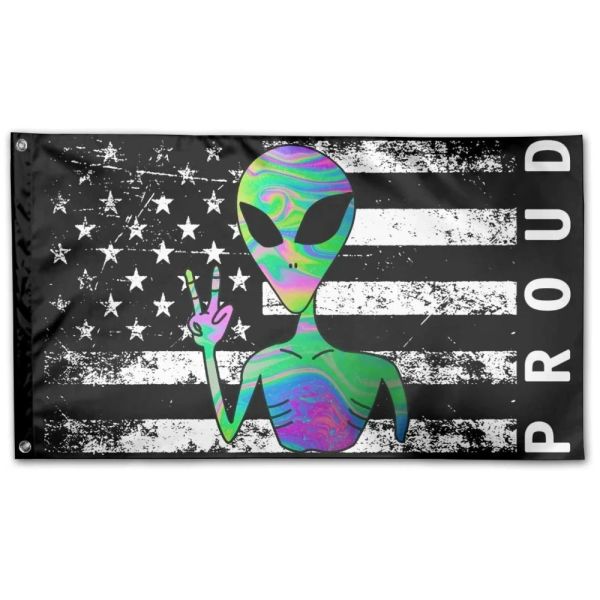 Accessori Orgogliosa bandiera americana con alieno psichedelico Colore vivido Bandiere Trippy con doppia cucitura Striscioni con occhielli in ottone Decorazione domestica