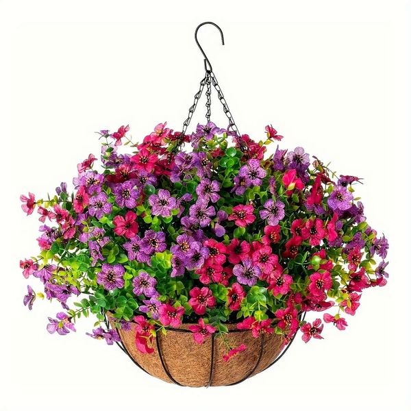 1 conjunto de flores artificiais de plantas suspensas falsas com cesta, ao ar livre, primavera verão, margarida colorida, eucalipto em plantador, planta de flor falsa resistente a UV para exterior