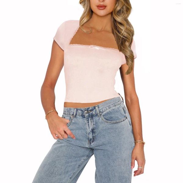 Damen-T-Shirts, Sommer-Crop-T-Shirt, einfarbig, Spitzenbesatz, Flügelärmel, quadratischer Ausschnitt, Show-Nabel-Tops, trendige Streetwear