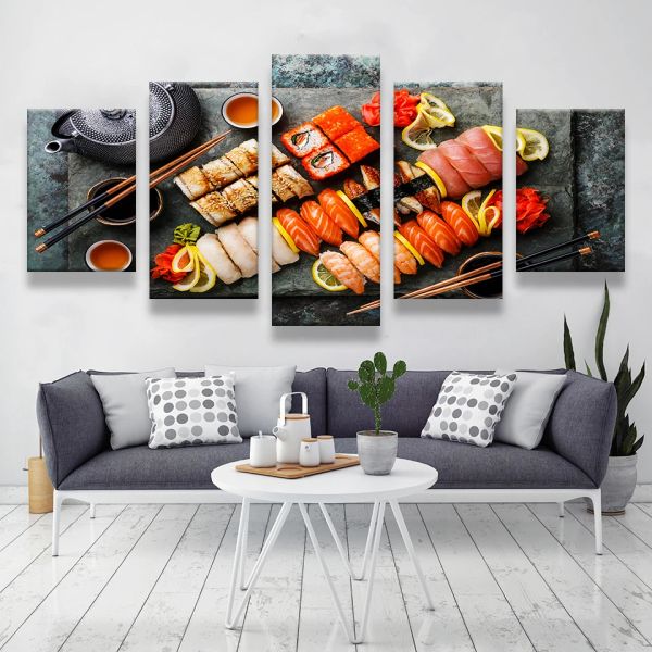 5 pezzi in stile giapponese, immagini di cucina sushi, pittura su tela, arte della parete, poster di cibo per soggiorno, decorazione di un delizioso negozio di alimentari