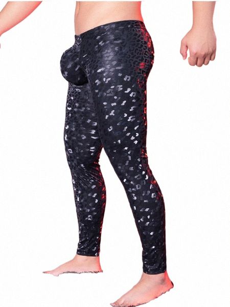 Calças de couro falso leopardo sexy night club homem calças shapewear bulge bolsa calças calças exóticas calças justas roupas masculinas novo em agora h7ru #