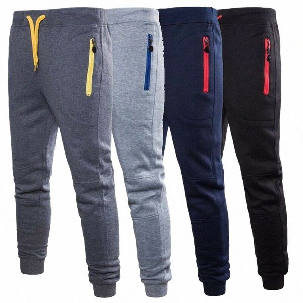 mens Slim Fit Corredores Jogging Bottom Fleece Gym Inverno Calças Skinny Zip Bolsos Calças M-XXXL D3aJ #