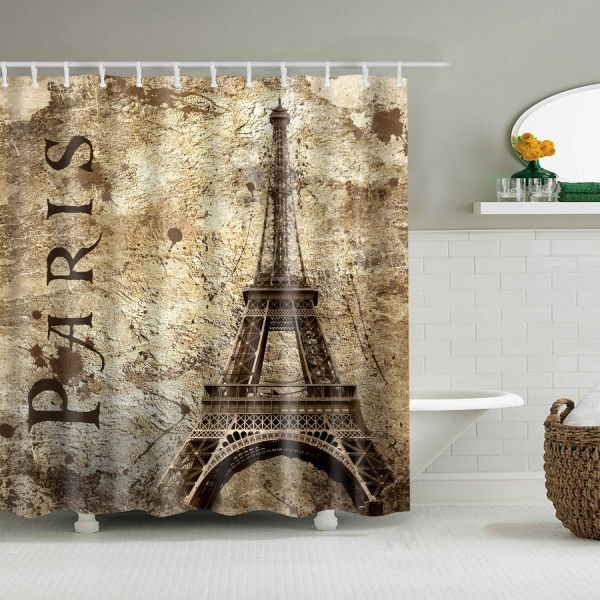 Perdeler Avrupa tarzı Paris Tower Vintage Retro Bayrak Banyo Duş Perdesi Frabic Su Geçirmez Polyester Banyo Perdesi Kancalar