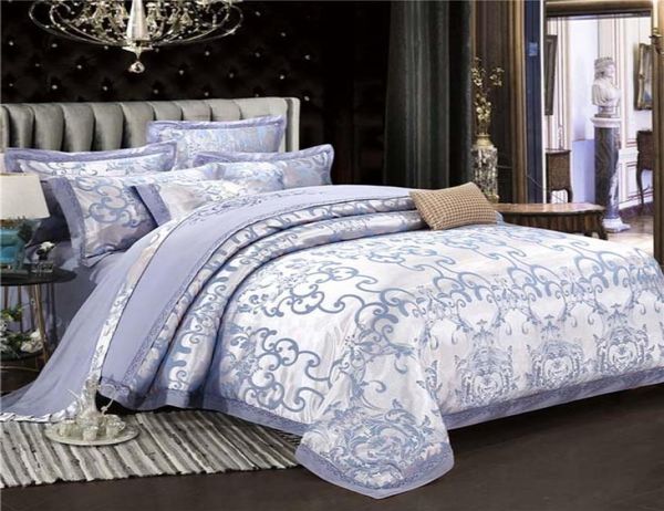 Set biancheria da letto di seta di lusso Jacquard dorato 60S cotone King Queen Size Set letto in pizzo Copripiumino in raso Cuscino in lino Lenzuolo Home Texti6267626