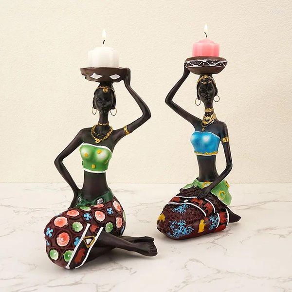 Kerzenhalter im Vintage-Stil, afrikanische Frauen, Dekoration für Tisch, Schreibtisch, dekoratives Esszimmer, Kerzenhalter, Skulpturen, Kerzenständer aus Kunstharz, 21 cm