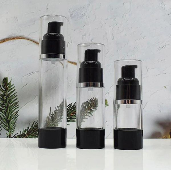 Frascos de armazenamento 30ML Clear Black Plastic Airless Bottle Silver Rim Lotion / emulsão / soro / base líquida / branqueamento Toner Essence Packing