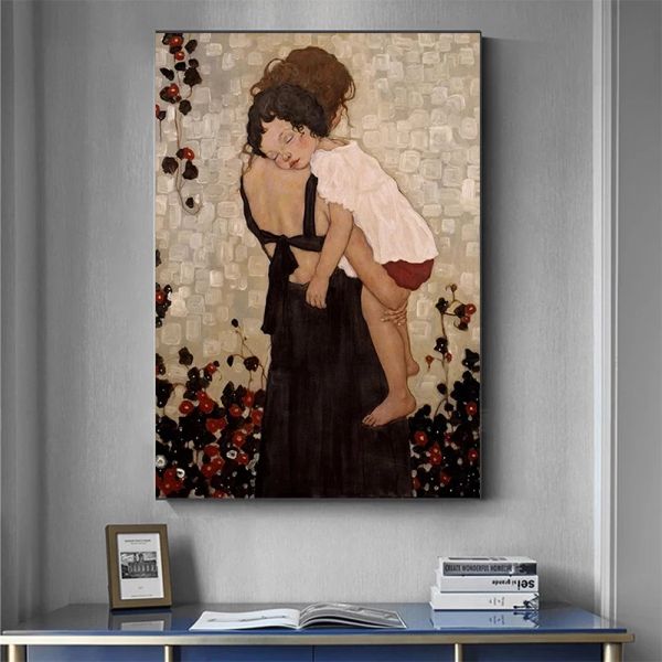 Número mãe e filho de Gustav Klimt Paint by Numbers Kits na tela DIY DIY Acrílico Pintura a óleo Monkey Wall Art Picture Decor Home Decor