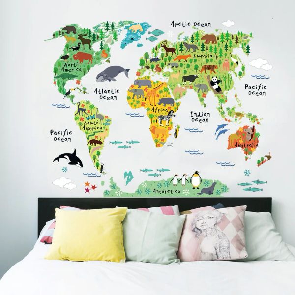 Adesivi colorati mappa del mondo adesivo da parete decorazioni per la casa adesivo da parete arte in vinile camera dei bambini sfondi per ufficio