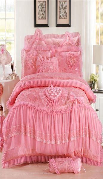 4 pçs rosa em forma de coração conjunto de cama luxo rei rainha roupas lençóis algodão princesa rendas capa edredão conjunto 357 r26065320