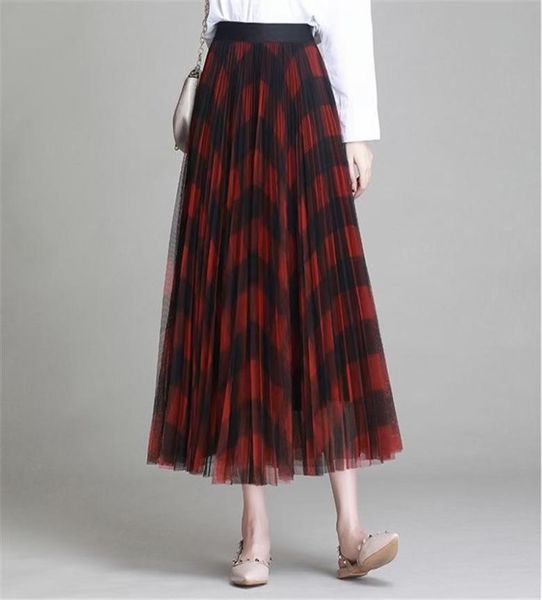 Winter Vintage Plaid Plissee Maxi Lange Tüllröcke Elegante Rot Grün Kariert Tartan Aline Knöchel Lange Mesh Röcke5490227