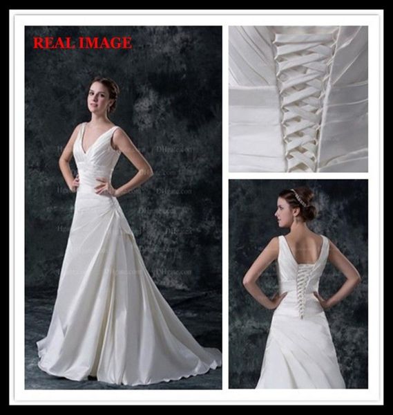 2015 A linha V decote plissados ​​vestidos de casamento de cetim até o chão tribunal trem vestido de noiva BY0265998841