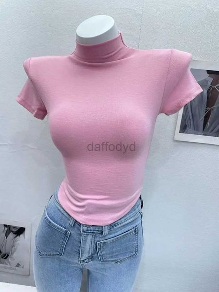 Tanques femininos camis atacado elástico curto topo gola simples magro ajuste camiseta para mulheres bainha irregular 2024 verão manga curta puro algodão manga curta camiseta 24326