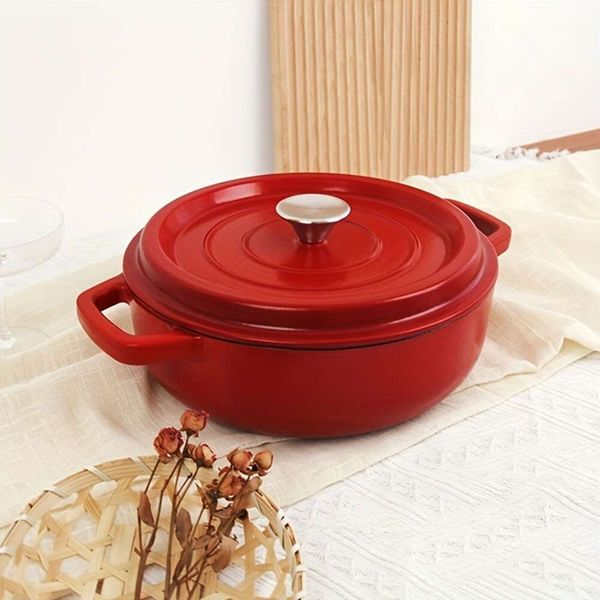 Pentola in ghisa da 1 pc con coperchio, pentola non stick di smalto di riso multifunzionale, stufatura usata, produzione di zuppa, cucina, per forno, fornello a induzione, alogeno e gas, elettrico