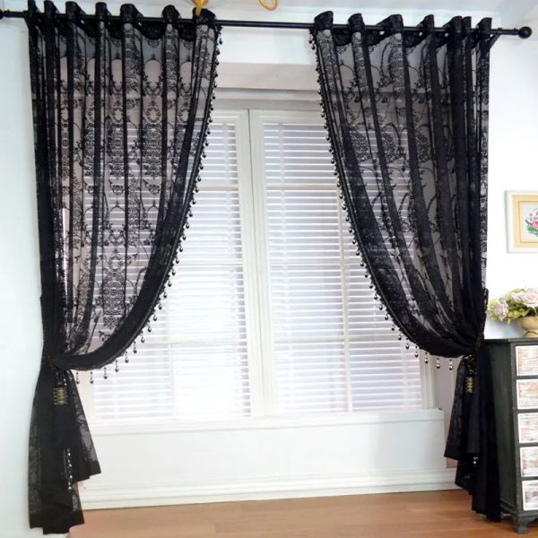 Cortinas transparentes de renda preta com babados, para cozinha, fazenda, contas de cristal, malha, fundo de casamento, jacquard, floral, janela