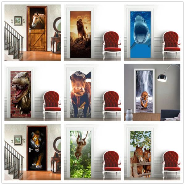 Наклейки 3D Лошадь Самоклеящаяся ПВХ дверная наклейка Домашний дизайн Художественное украшение Плакат для детской комнаты Мебель для спальни Ремонт обоев