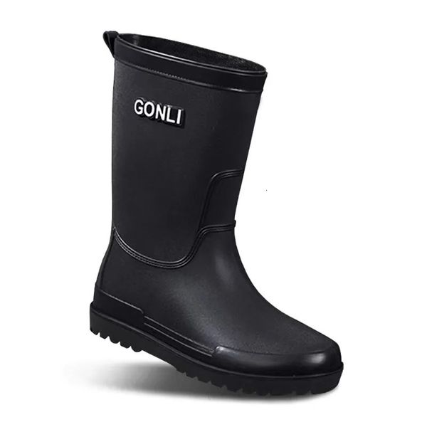 Botas de chuva de cano médio masculinas, antiderrapantes, canteiro de obras, resistência ao desgaste, sapatos de borracha, pesca ao ar livre, botas impermeáveis, inverno quente 240309