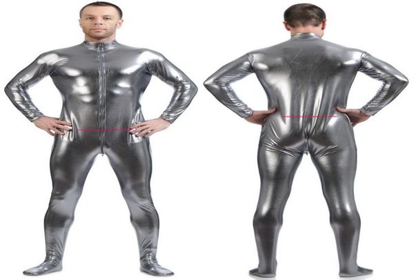 Men039s Body Suit Costumi Frontale Lungo Cerniera Argento Grigio Lucido Lycra Metallico Uomo Catsuit Costume Outfit No HeadHand Halloween2768667