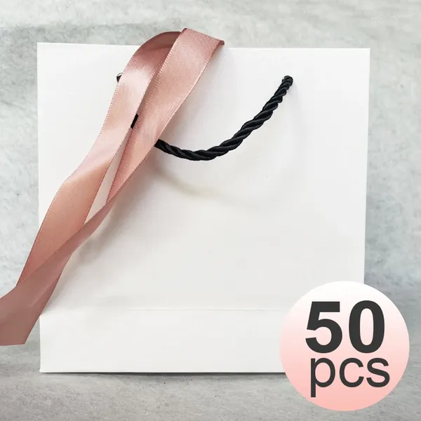 Sacchetti per gioielli 50 pezzi Classico 16 5 cm PAN Bianco Nastro rosa Tote Sacchetto di carta per San Valentino Compleanno Ragazza Promessa Confezione regalo