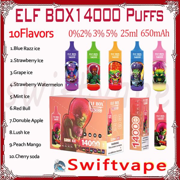 100 % Original ELF BOX 14000 Puff Einweg-E-Zigarette, 650 mAh wiederaufladbarer Akku, 10 Geschmacksrichtungen, 25 ml, 0 % 2 % 3 % 5 % RGB Glow 14k Puffs Vape Pen