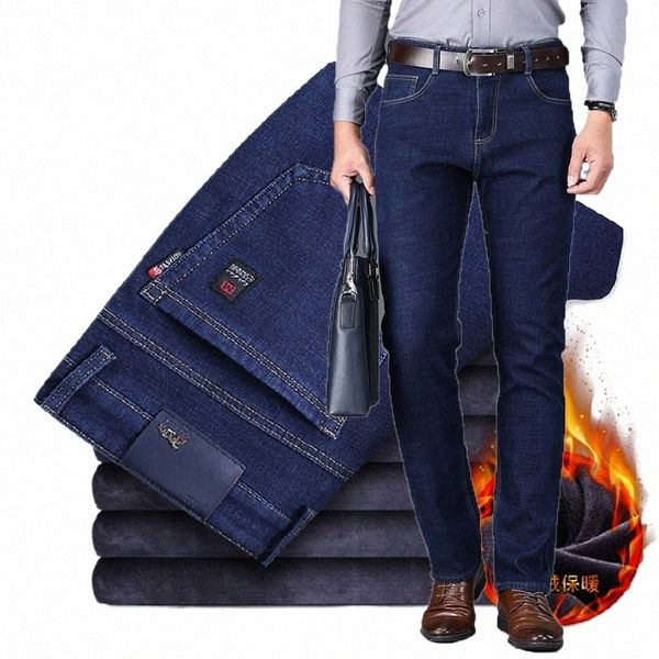 Herbst Winter Herren Jeans Warme Busin Formale Hosen Männer Lose Gerade Stretch Hosen Fleece-Gefüttert Verdickte Casual Hosen F4up #