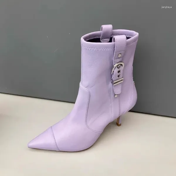 Stivali Cintura in pelle nera Fibbia Scarpe da donna Cerniera laterale viola Tacchi a spillo a metà polpaccio Botas Mujer Testa a punta Sapatos Feminino