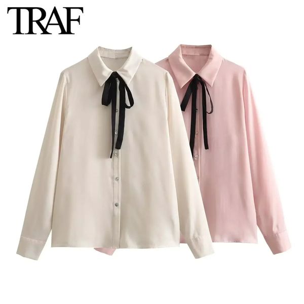 Traf moda feminina primavera manga longa lapela arco blusa roupas de rua cetim camisa branca chique senhoras topos mujer 240326