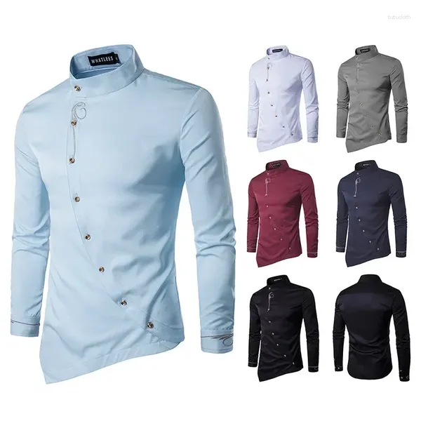 Camisas casuais masculinas 2024 bordado personalizado botão diagonal camisa irregular grande moda manga comprida