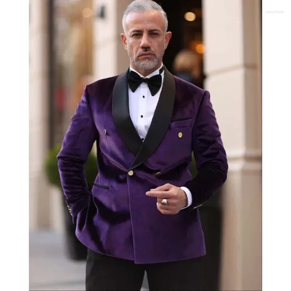 Abiti da uomo eleganti velluto viola doppio petto scialle nero bavero giacca formale party chic 2 pezzi giacca pantaloni