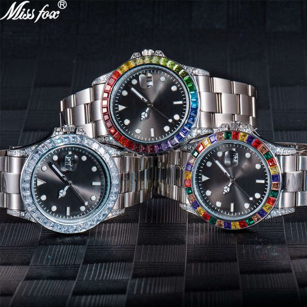 MISSFOX Swiss Lao Jia Fashion Set Relógio masculino colorido com diamante em aço inoxidável brilhante