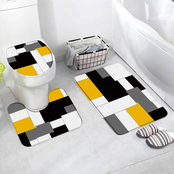 Mats Kreative geometrische Badematten-Set, Schwarz, Grau, Weiß, Orange, Spleißmuster, für Zuhause, Badezimmer, Teppich, Türteppich, rutschfeste Toilettendeckelmatte