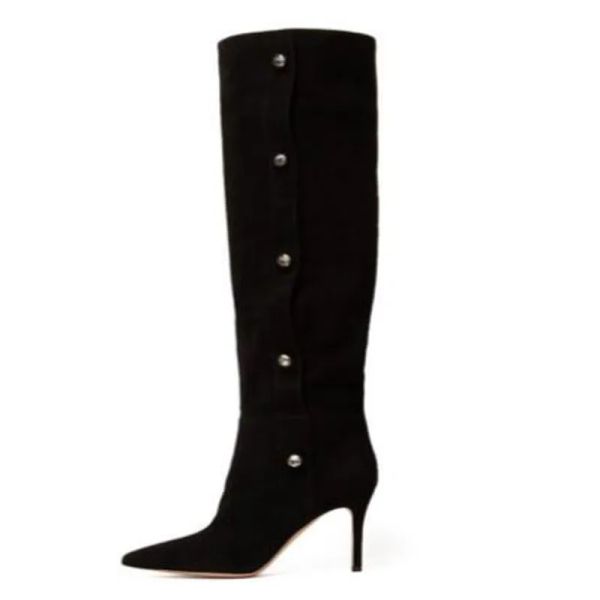 Classici bottoni in pelle scamosciata nera con punta a punta Decor Tacchi sottili Tubo Slip On Stivali alti al ginocchio Moda donna Run Way Long Botas Taglia 46