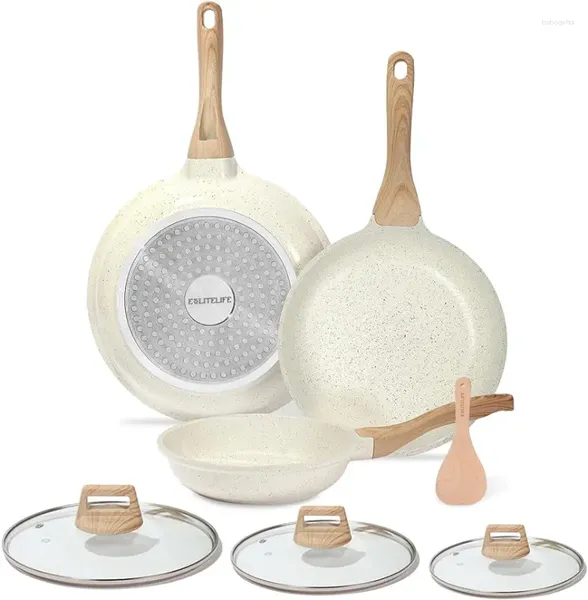 Set di pentole Set di padelle con coperchi Padella antiaderente Pentole per frittata di uova Rivestimento in ceramica Compatibile con gas Elect