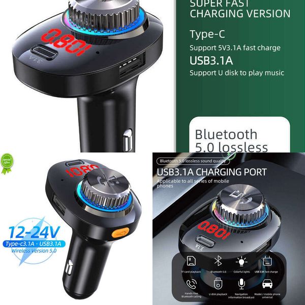 Обновление автомобильного зарядного устройства USB Type C 5V 3.1A FM-передатчик Bluetooth-адаптер Беспроводная громкая связь Стерео Mp3-плеер с окружающим освещением