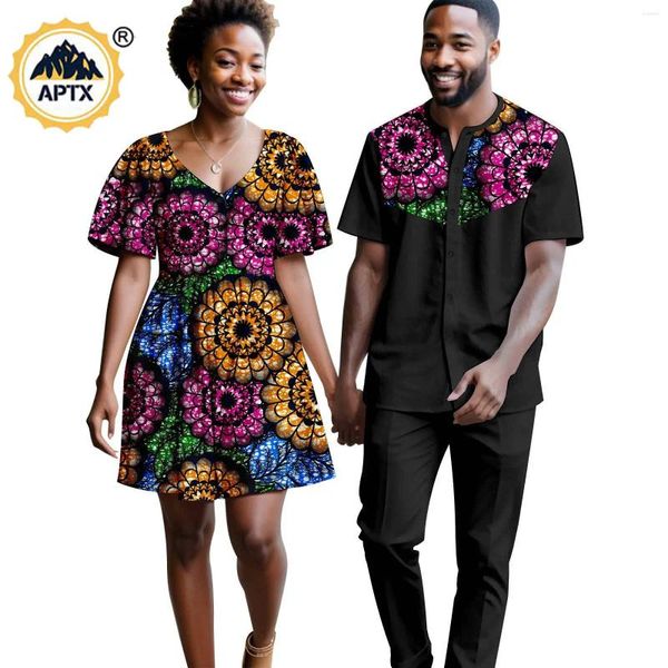 Roupas étnicas Dashiki Africano Imprimir Mini Vestidos para Mulheres Combinando Roupas de Casal Bazin Riche Homens Patchwork Top Camisa e Calça Conjuntos