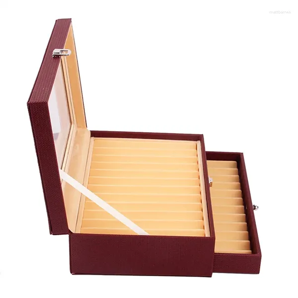 Astucci per gioielli 24 slot Scatola portaoggetti per espositore in legno Custodia in PU di lusso a 2 strati Portapenne stilografiche-Collector Organizer Vino rosso