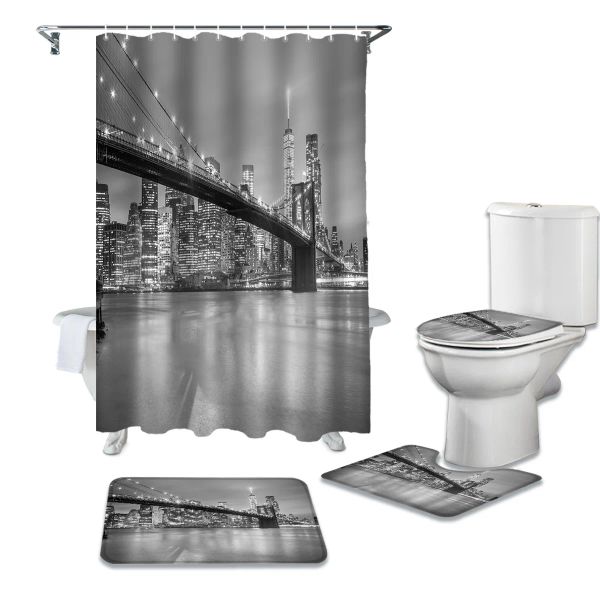 Tende New York City Night Tenda da doccia Set coprisedile per WC Accessori per WC Tappetino Decorazioni per il bagno Tende da bagno