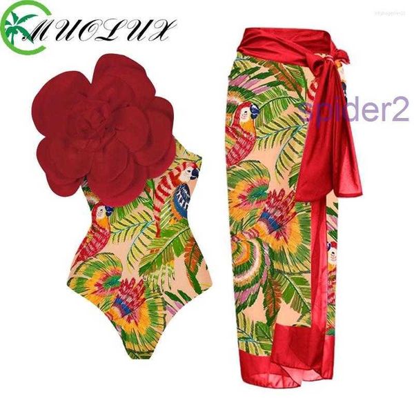 Mulheres de banho muolux vintage impressão push up um pedaço maiô vestido 3d flor bikini capa moda monokini feminino beachwear