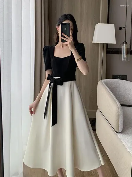 Vestidos de festa bandagem vestido de manga curta mulheres com decote em v cintura alta elegante princesa francês elegante preto branco retalhos senhora escritório