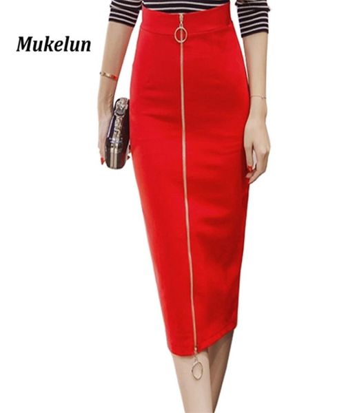 Mulheres Sexy Salia de Escritório Plus Tamanho Casual Ciça Alta Calf Mid Calf Longo Elegante Zipper Bodycon Red Selas Lápis S5XL 2106108829577