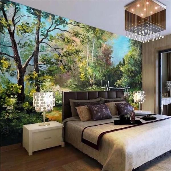 Wallpapers papier peint personalizado papel de parede 3d po murais enorme pintado à mão paisagem pintura a óleo fundo parede árvores floresta