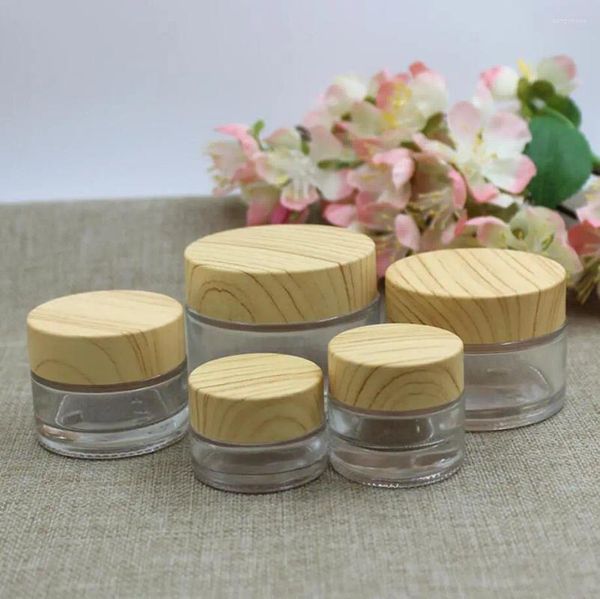 Bottiglie di stoccaggio 10G Barattolo di vetro trasparente/bottiglia Vaso Coperchio a forma di legno Gel/Crema per gli occhi/campione/arte Unghie/Cura della pelle/essenza/idratante Imballaggio cosmetico