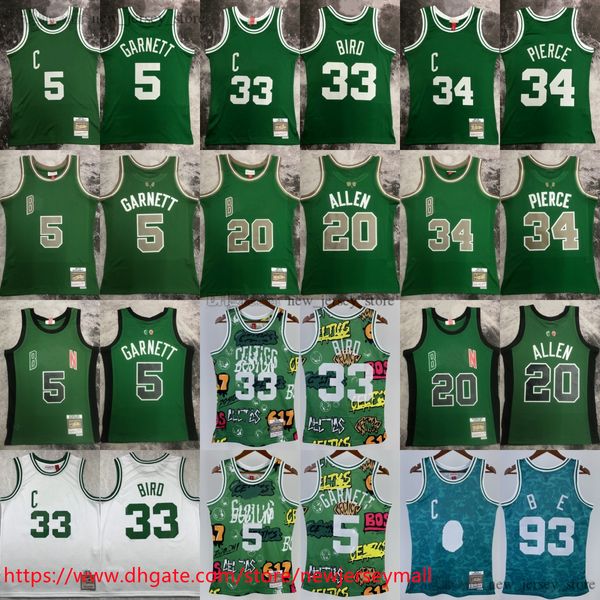 Basılı Klasik Retro 1985-86 Basketbol 33 Larry Bird Jersey Vintage 2007-08 Yeşil 20 Ray Allen 34 Paul Pierce 5 Kevin Garnett Forma Gömlekleri 1997-98 Siyah Garnett