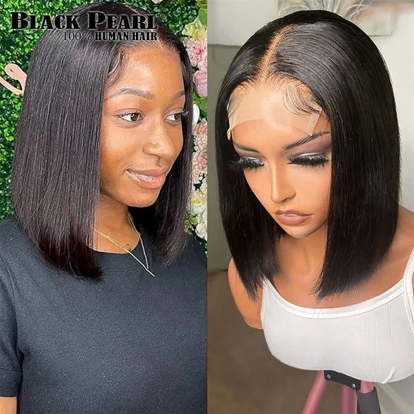 Osso reto curto bob perucas de cabelo humano para mulheres negras parte do laço perucas de cabelo brasileiro remy cabelo parte livre lado para mulheres marrons 240323